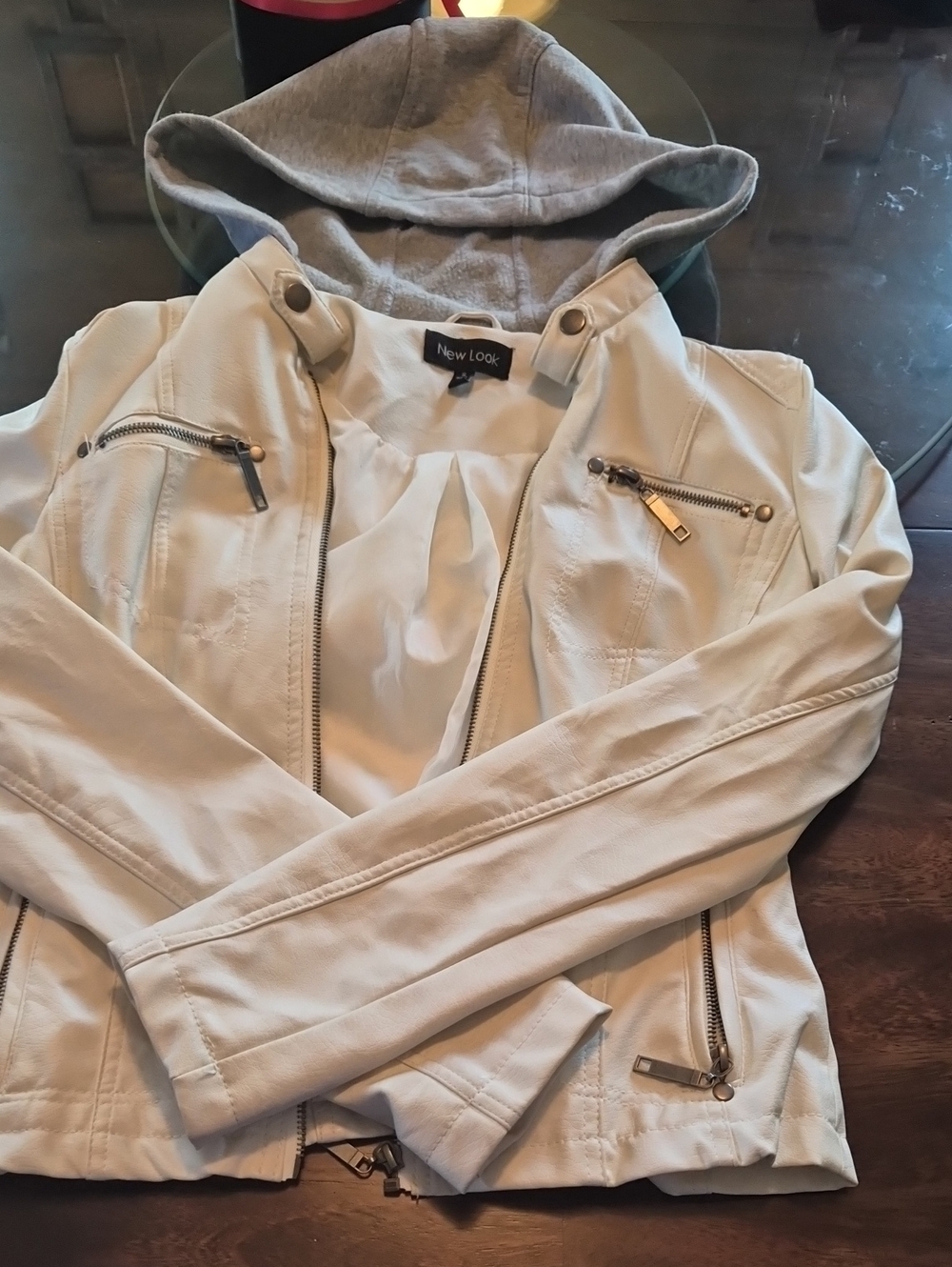 New Look Cream Faux-Leather Jacket with Gray Hood